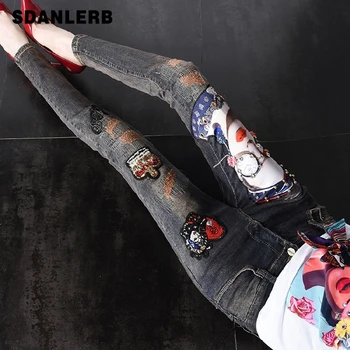 

European Street Jeans Woman 2019 Spring and Autumn New Embroidery Slim Girls Denim Pants Vaqueros De Mujer Spodnie Damskie