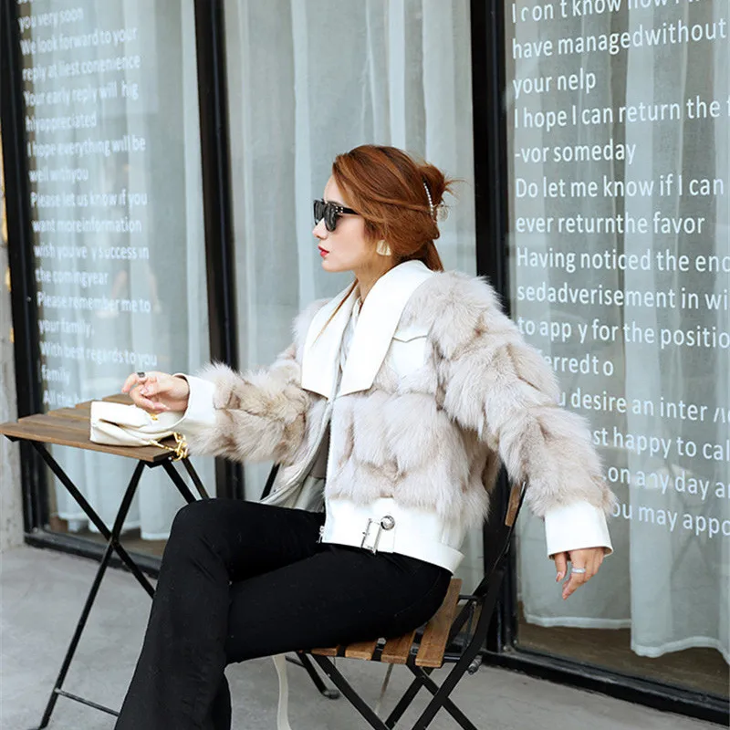 FURSARCAR 2021 Genuine Motorcycle Leather Jacket For Women Real Natrual Fox Fur Coat Feamle Winter Sheep Skin Short Fur Outwear
