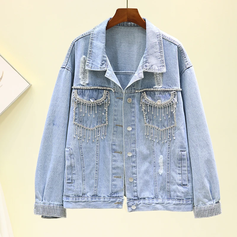 

2020 New Loose Harajuku Washed Light blue Diamond Tassel hole Denim jacket Women Spring Autumn Ropa de mujer Casual Jean jacket