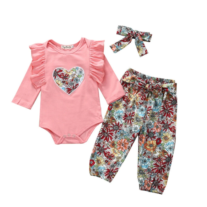 Para niña recién nacida 2019 moda para niñas 3 uds conjunto de trajes de estampado Floral conjunto de chico con volantes pantalones Bodysuit diademas ropa de bebé|set de ropa| - AliExpress