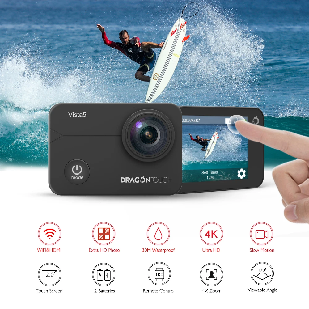 Экшн камера Dragon Touch 4K Vista 5 Wi Fi 2 аккумулятора|Экшн-камеры| |