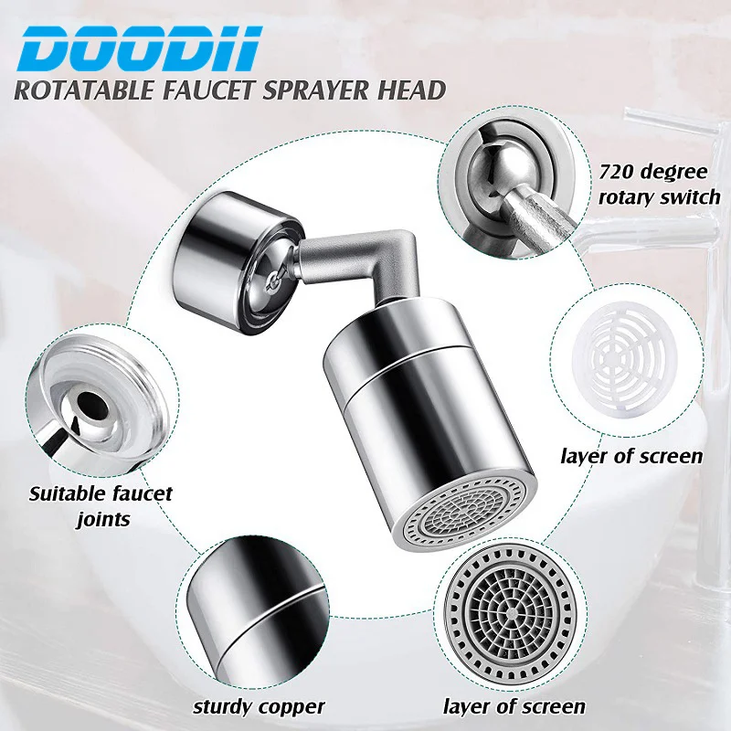 DOODII 720°Rotatable Universal Splash Filter Faucet Sprayer Head Flexible Faucets Sprayer Bathroom Kitchen Tap Extender Adapter