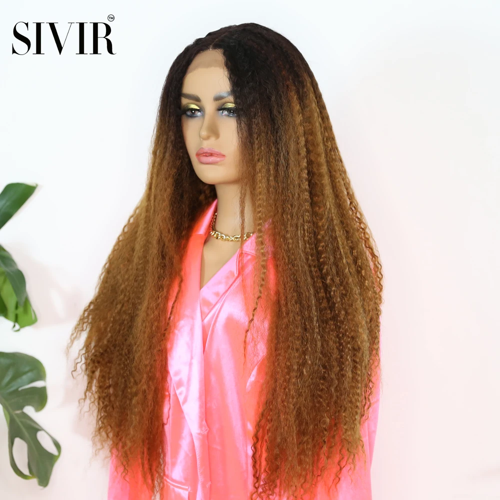Sivir Synthetic Hair Lace  Wig Natural Black Color 26inch Long kinky straight  Wig Middle Part African American Hairstyle