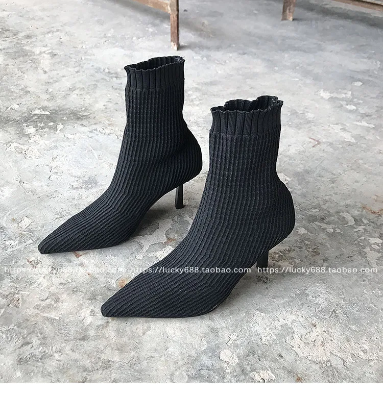Носки Botines mujer г. Эластичные шерстяные вязаные сапоги на среднем каблуке женские зимние ботинки челси на шпильке фиолетовые ботинки