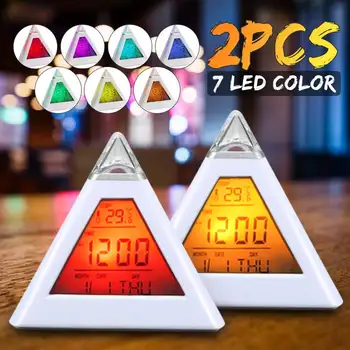 

2Pcs 7 Colors Colorful Pyramid LCD Alarm Clock Night Light Thermometer Digital Wall Clock Changeable Led Clock Home Decor