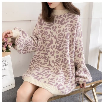 

2020New Fashion Autumn Winter Women Leopard Pullover Sweaters Round Neck Oversize Sweater Jumpers Casual Korean Femme Hot Loose