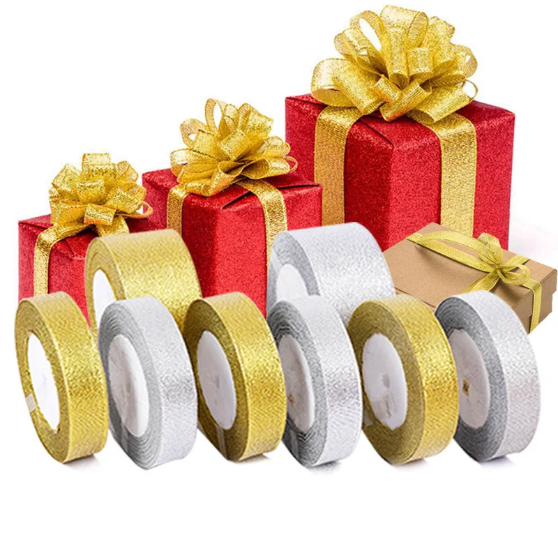 6MM-50MM 25yards/Roll Gold/Silver Silk Satin Ribbon For Handmade Bow Craft Wedding Christmas Decoration DIY Card Gift Wrapping