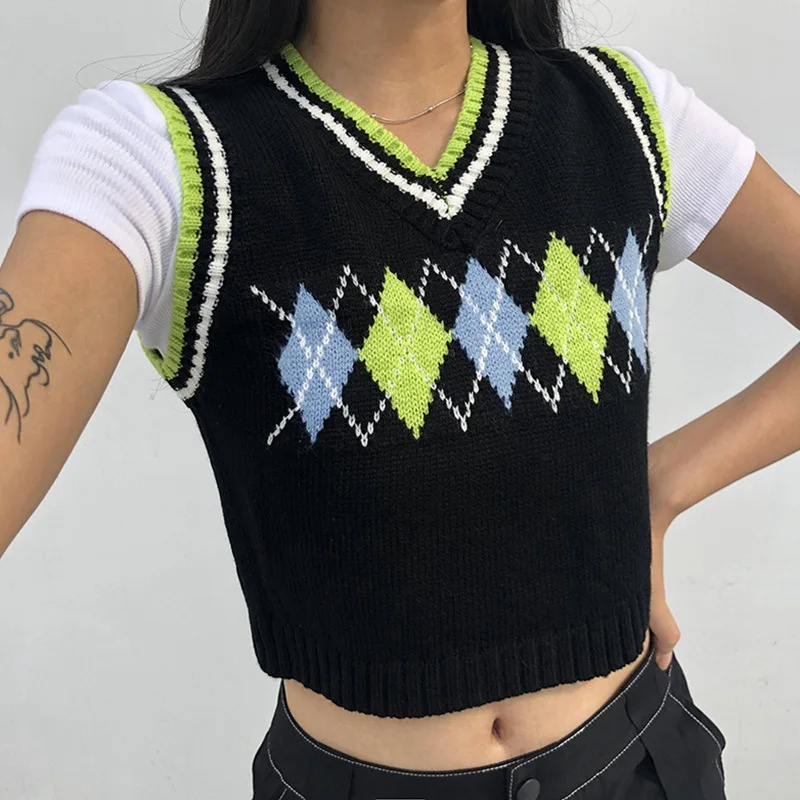 

Muyogrt Argyle Plaid Knitted Tank Top Female Streetwear Preppy Style Y2K Clothes Stripe VNeck Cropped Knitwear 90s Sweater Vest