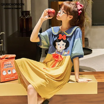 

Kawaii Peter pan Collar Bowknot Snow White Print Puff Sleeve Nightdress Women Sleepwear Summer Cotton Nightgown camisones mujer
