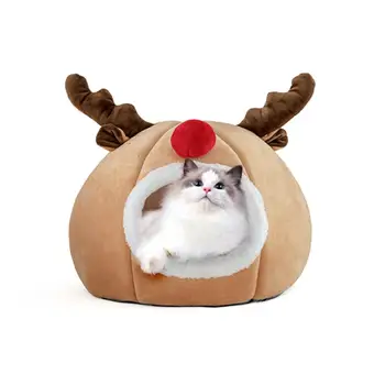 

Cute Elk-shaped Pet Cat Bed House Dog Bed Kennel Nest Warm Puppy Kitten Bed Cushion Pad Comfortable Cat House Cave Christmas