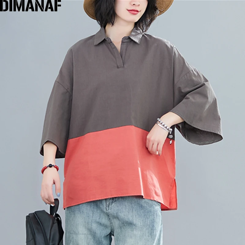 

DIMANAF Summer Plus Size T-Shirts Women Clothing Basic Lady Tunic Tops Tees Shirts Cotton Solid Spliced Loose Casual tshirt 2020