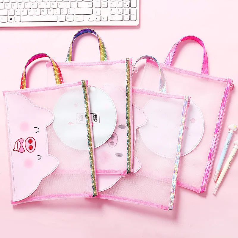 1 шт., розовая милая сумка в сеточку со Свинкой и Свинкой для девочек, сетчатая сумка на молнии с сердечком, переносная бумажная сумка для студентов формата А4