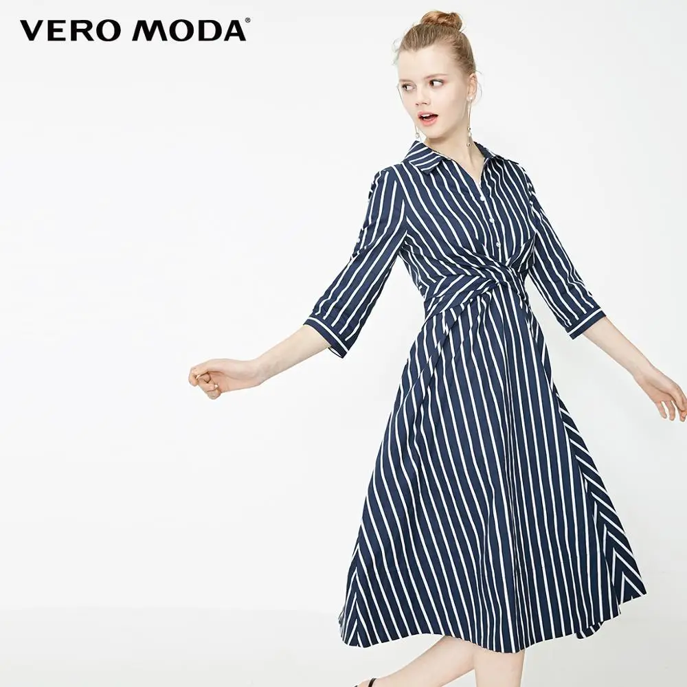 initial kurve mærkning Vero Moda Women's Office Striped 100% Cotton Shirt Collar 3/4 Sleeves Dress  | 31937C535