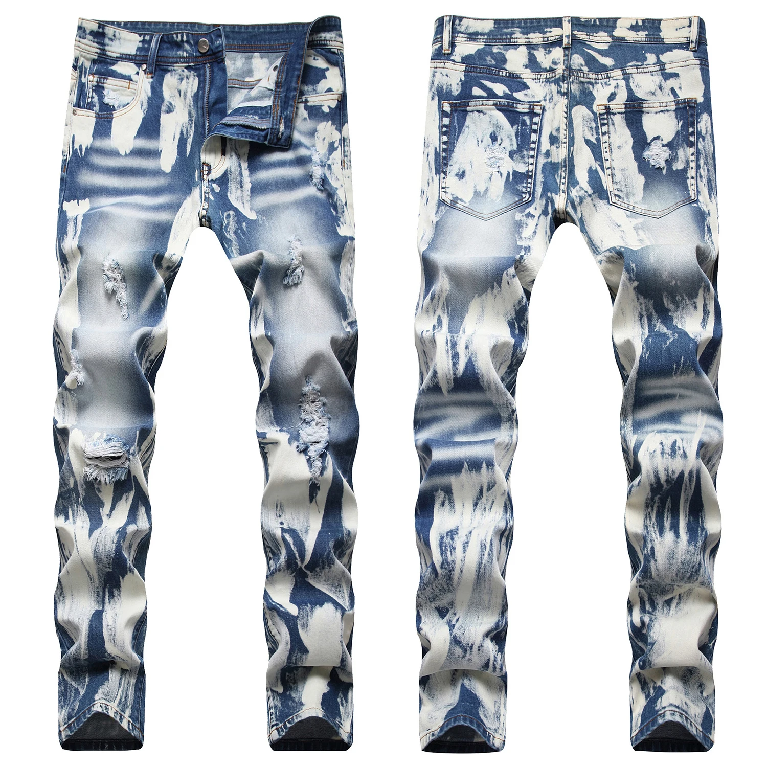 

Men’s Retro Style High Quality Denim Pants,Slim-fit White Wash Ripped Jeans,Street Fashion Mess Prints Beggar Jeans;