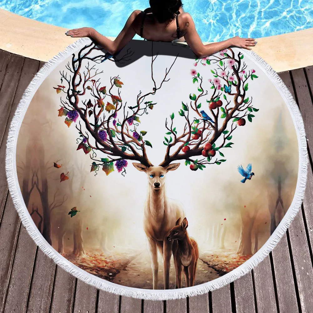 

Animal World Round Tassel Edge Beach Towel Deer Tiger Goldfish Cartoon Microfiber Large Beach Towel Bedroom Decor