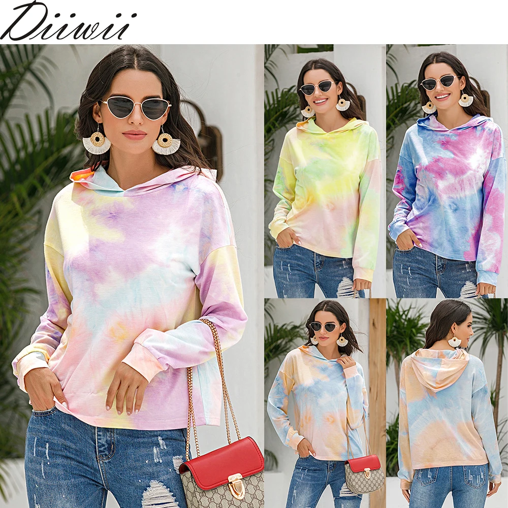 

Diiwii New Loose Sexy Tie-Dye Printed Gradient Hooded Sweatshirt Women Tops