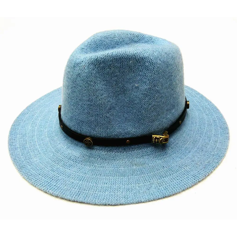Studyset мужская шляпа Женская мода осень зима солнцезащитный флис Fedora Шляпа плоские карнизы джаз шляпа шерсть в форме колокольчика - Цвет: Sky blue belt 1