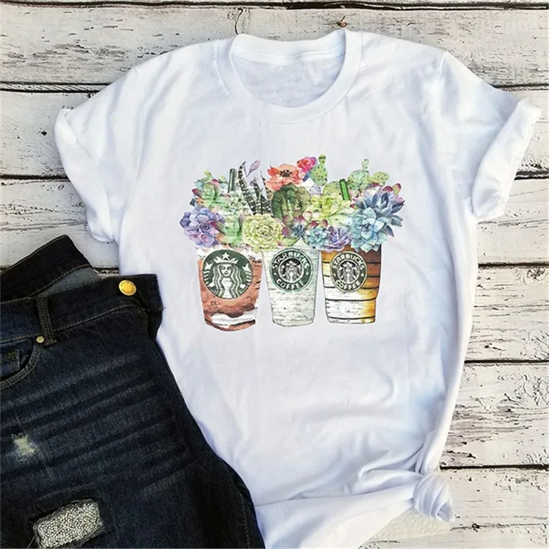 Женская футболка Harajuku, винтажные безрукавки, футболки с графикой, уличная одежда для девочек, топ, чашки с кофейной футболкой, суккулентная Цветочная Футболка С КАКТУСОМ