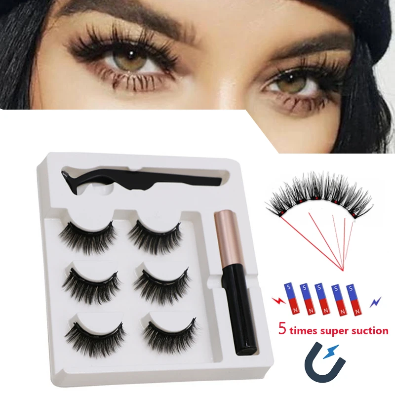 

Huiyun 3 Pairs Set Super Magnetic Eyelashes False Lashes Repeated Use Eyelashes Waterproof Liquid Eyeliner With Tweezer Makeup