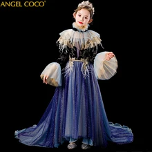 Бархатное кружевное платье с перьями; Одежда для девочек; нарядное длинное платье принцессы; Детские платья для девочек; Свадебная вечерняя одежда; От 4 до 14 лет