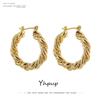

Yhpup Trendy Twist Chain Metal Hoop Earrings Minimalist Copper Texture Round Earrings for Women Bijoux Femme Gift Office Gift