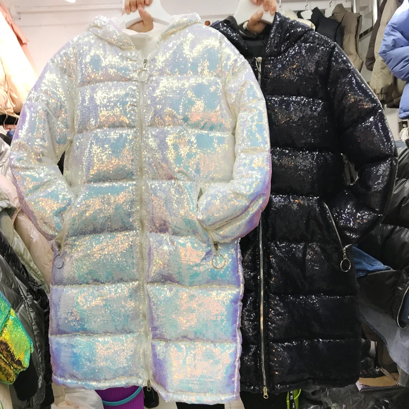 Хлопковая куртка с капюшоном, Женская длинная парка, зимнее пальто, новинка, корейское плотное теплое пальто с блестками