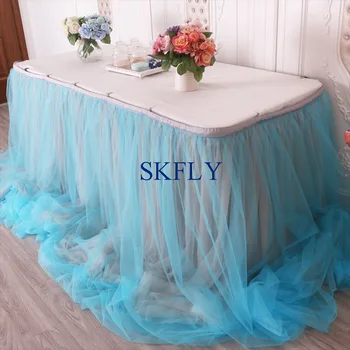 

CL072G Unique long drape custom made wedding taffeta chiffon tulle ruffled grey and blue mixed table skirt