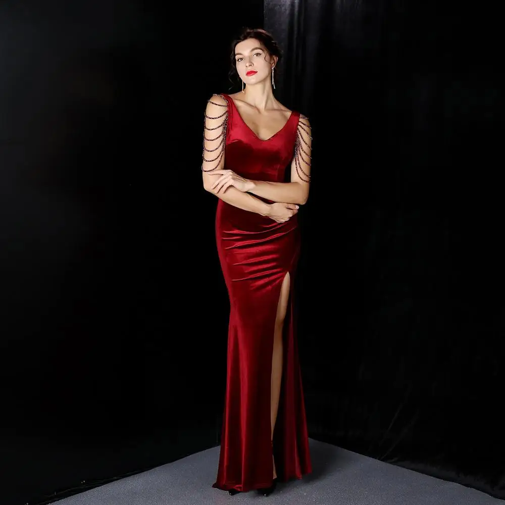 

Long Evening Dress Velvet Robe V-neckline Mermaid Formal Prom Pageant Party Gown Sexy Side Split Celebrity Vestidos MR18253