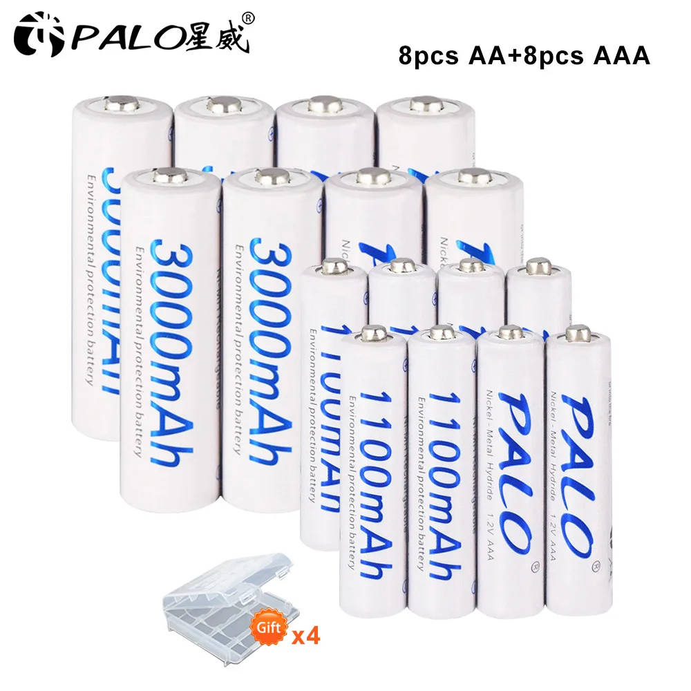 Palo 8 шт. AA Ni-MH аккумуляторная батарея 1,2 в+ 8 шт. 1,2 в AAA Ni-MH аккумуляторная батарея с батарейным блоком низкий саморазряд