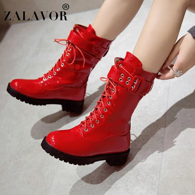 

ZALAVOR Pu Leather Chunky Heel Women Motorcycle Boots Platform Round Toe Lace Up Punk Sexy Winter Boots Warm Footwear Size 34-43