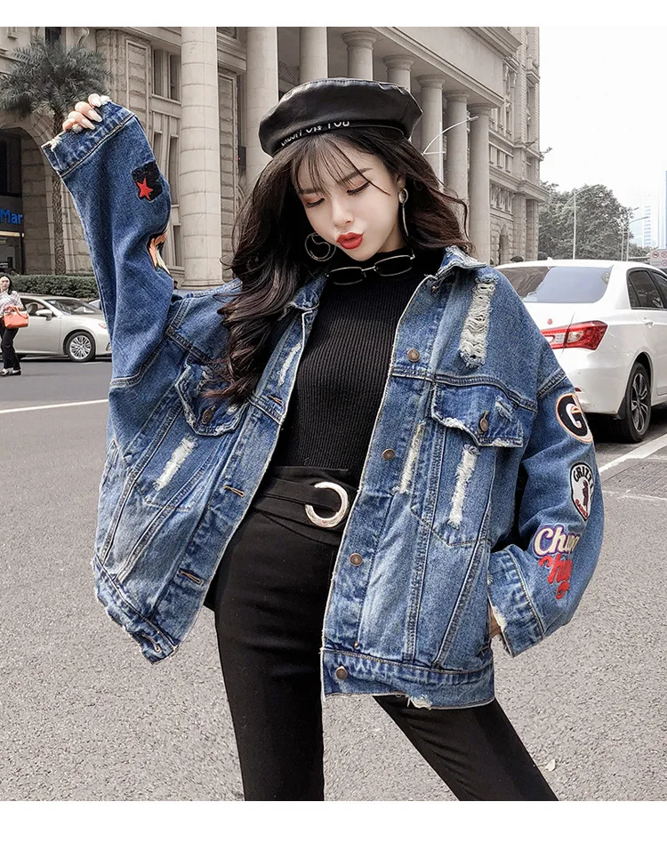 

Trend with Holes Online Celebrity Jeans Coat Women's Douyin Loose-Fit INS Korean-style BF Spring And Autumn Cowboy Clothing 2019