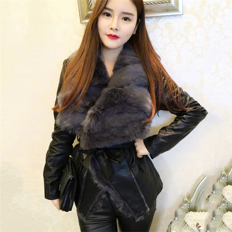 

Europe Rabbit Fur Coat 2020 New Autumn Winter Women Slim Rabbit Fur Jacket Parka Cotton PU Leather Short Jacket Female