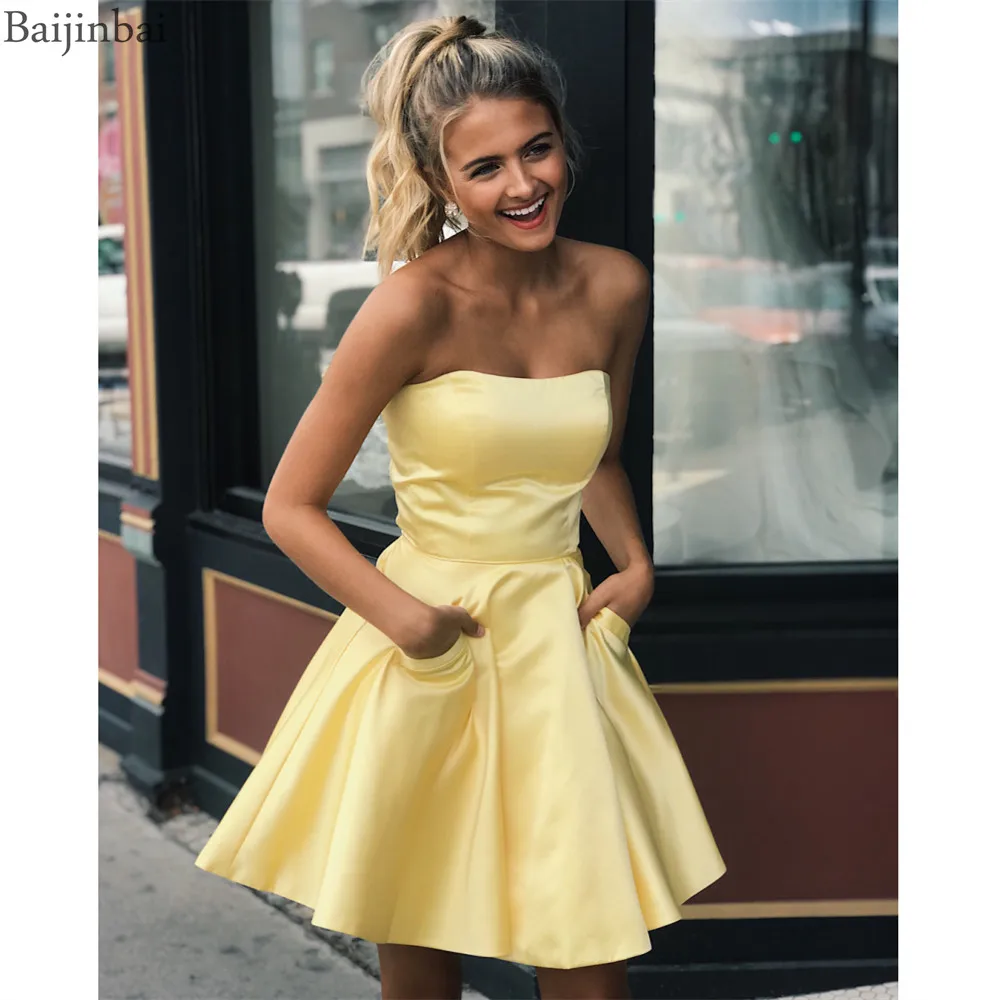 

Baijinbai Yellow Strapless Homecoming Dresses Short A Line Cocktail Party Gowns Satin Short Prom Formal Graduation Dress Pockets