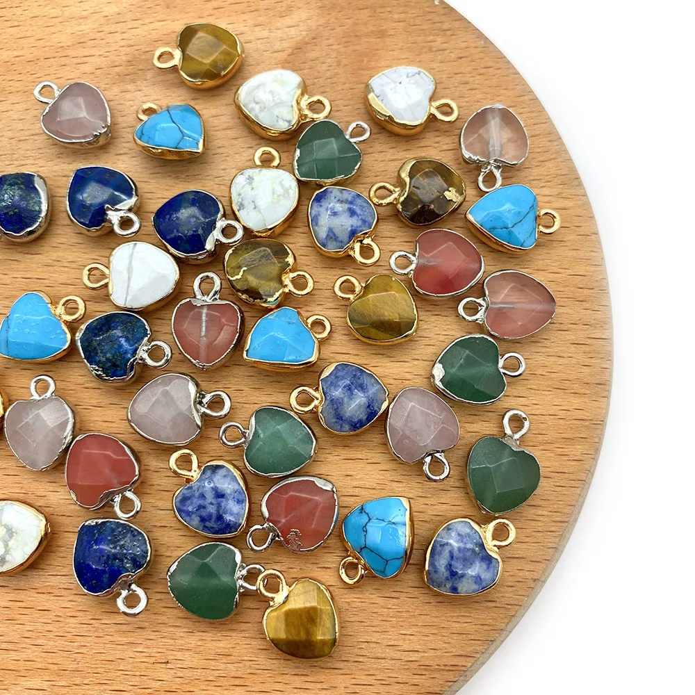 

5pcs/pak Heart Shape Section Charms Natural Semi-precious Stone Pendants Agate Tiger Eye Stone DIY for Making Necklace 10x13mm