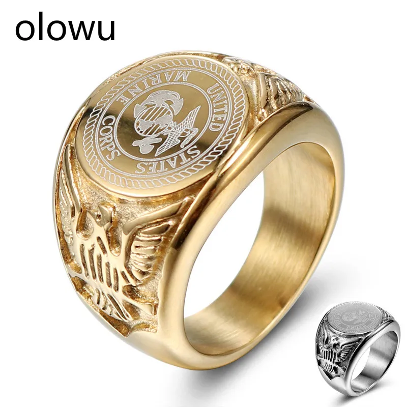 

olowu US Marine Corps Military Rings Stainless Steel Badge Eagle United States Army Men's Signet Ring Jewelry Gold Silver