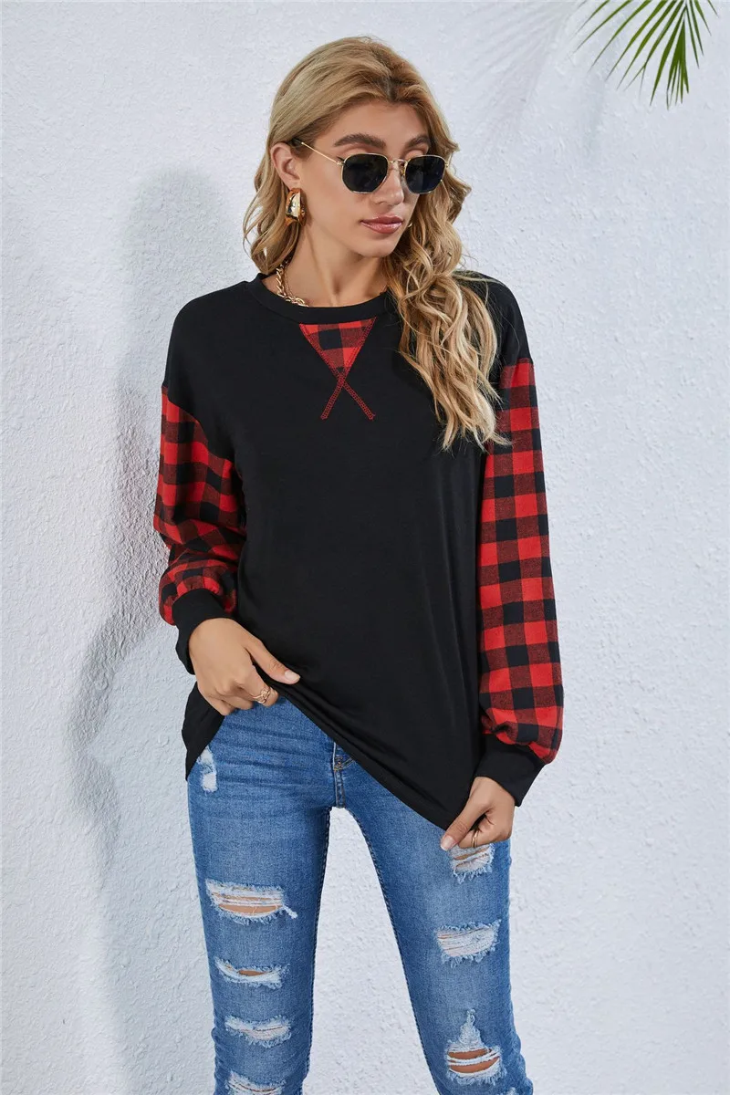 

Women Christmas Plaid T-shirt, Autumn and Winter Adults Long Sleeve Round Neck Pullover