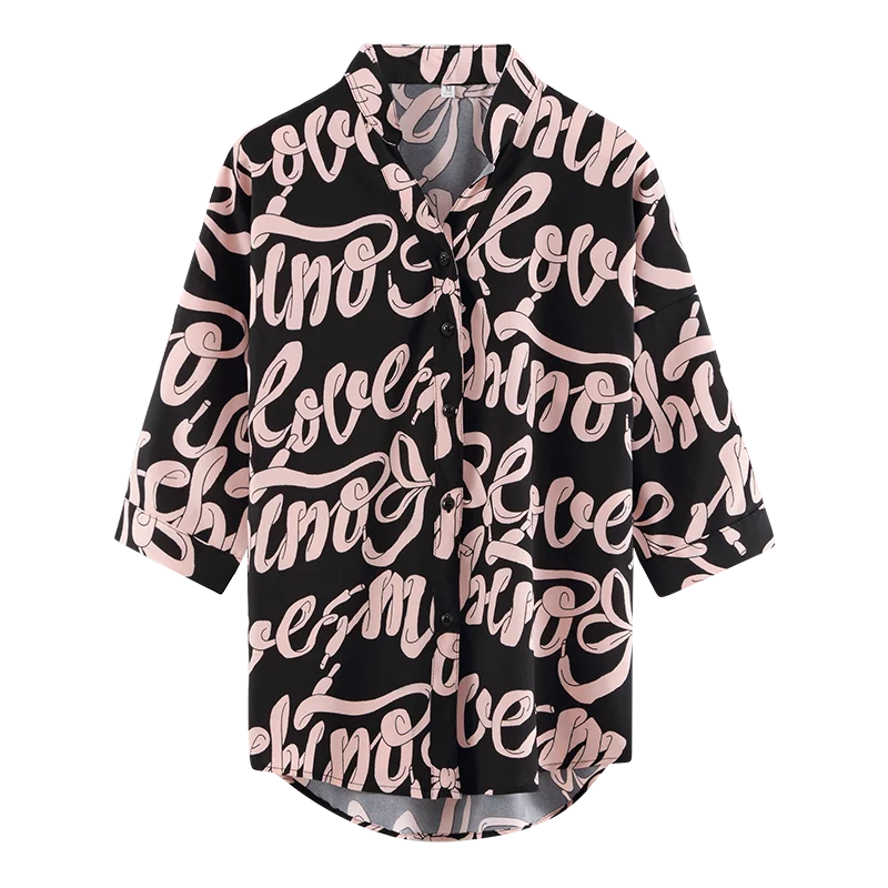 2020 Summer Pink White Shirt Women Modis Print Blouse Female Streetwear Casual Tops Short Sleeve Women Loose Blouses Oversized