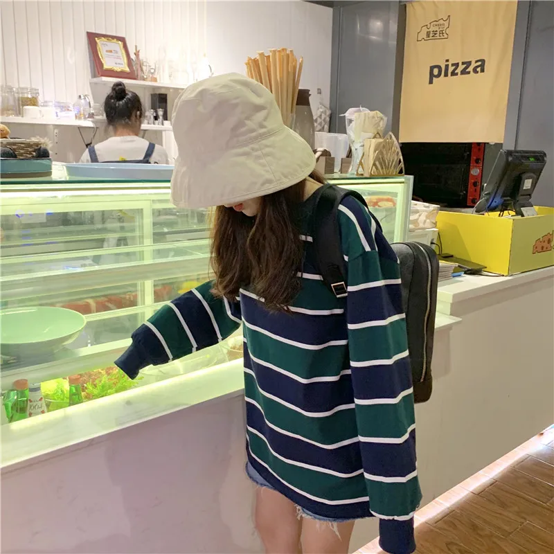 Осенняя Футболка женская одежда корейский стиль Ulzzang Harajuku полосатая свободная футболка с длинным рукавом Женская Универсальная футболка