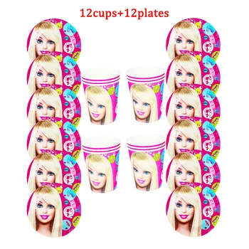 

Cartoon Barbie Party Theme 24pcs Disposable Tableware Design Kids Birthday Party Paper Plate+Cup Supplies For 12 Kids