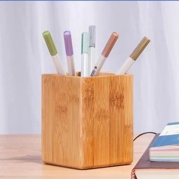 

Multifunctional Desktop Storage Box Square Wooden Office Supplies Storage Tube Student Stationery Finishing Wooden Box
