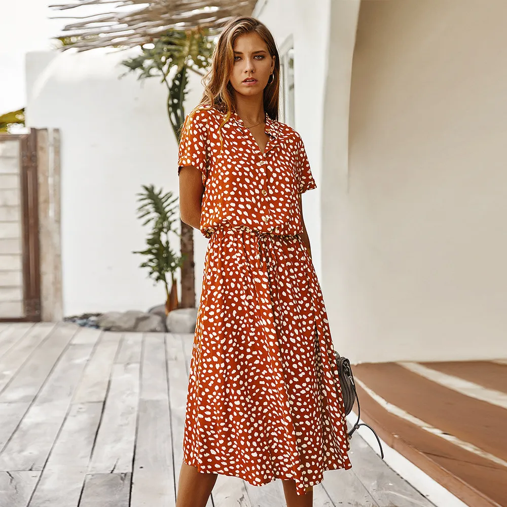 

Turn-down V-neck Button Leopard Dot Print Long Dress Short Sleeve Drawstring Slim Waist A-line Maxi Dresses Women Summer Dress