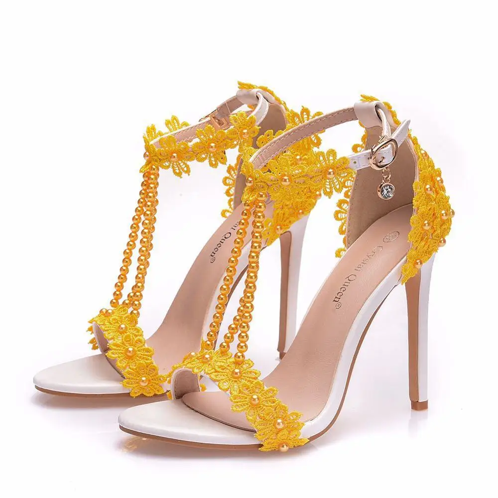 Bride Pearl Water Drill Flower Yellow Wedding Shoes Super Heel