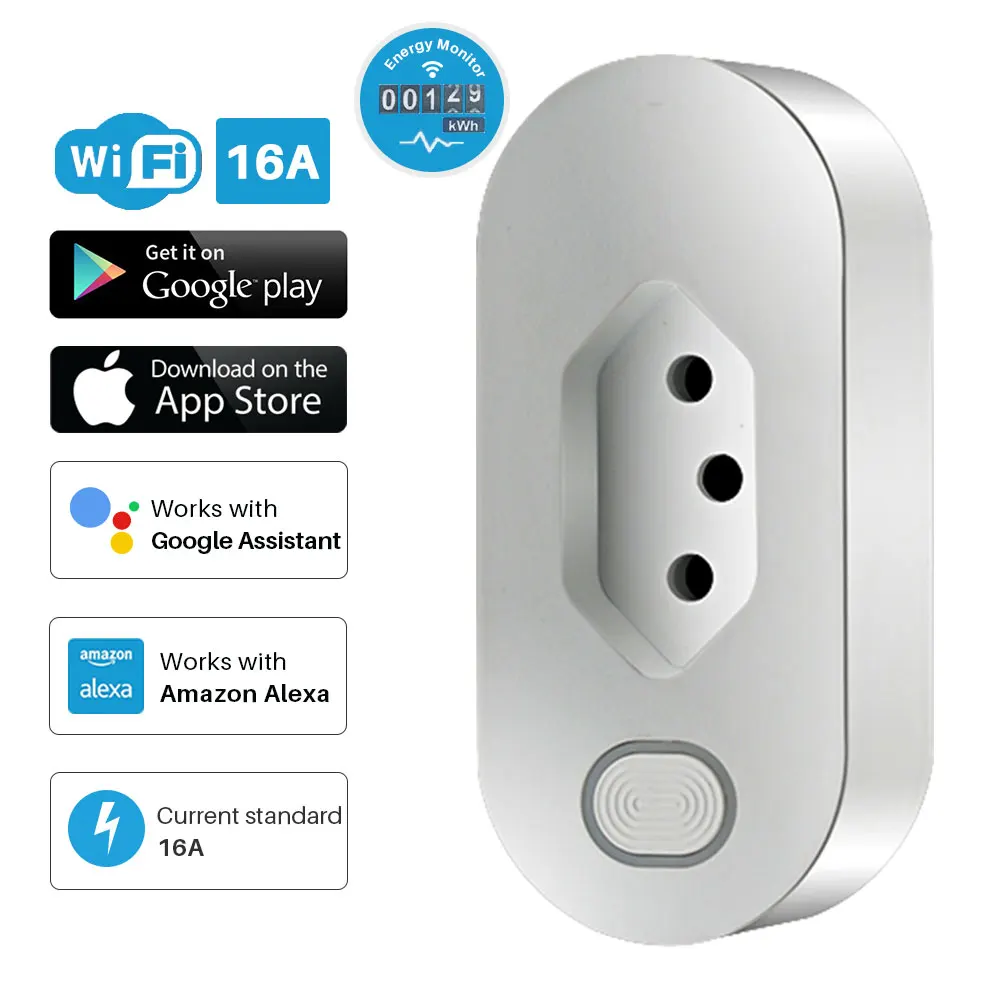 

16A Smart WiFi Brazil Standard Plug Power Socket With Energy Monitor Tuya APP Control Works With Google Assistant Alexa