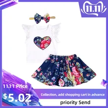 Красивая одежда для маленьких девочек кружевные топы с цветочным принтом+ юбка с принтом+ повязка на голову с бантом, комплект одежды, одежда для малышей Летняя одежда для девочек