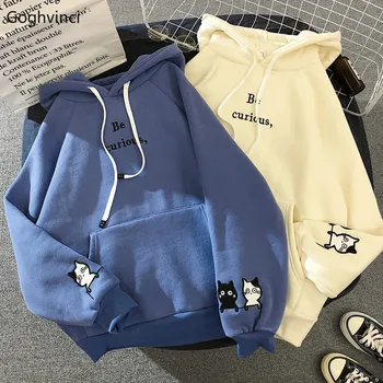 

Hoodies Women Loose Simple All-match Ladies Sweatshirt Casual Thicker Warm Funny Cartoon Print Trendy Pocket Korean Style 2020