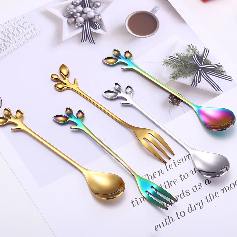 

Stainless Steel Creative Leaf Shape Handle Coffee Spoon Teaspoon Dessert Snack Scoop Fork Couple Spoon/Fork Kitchen Tableware