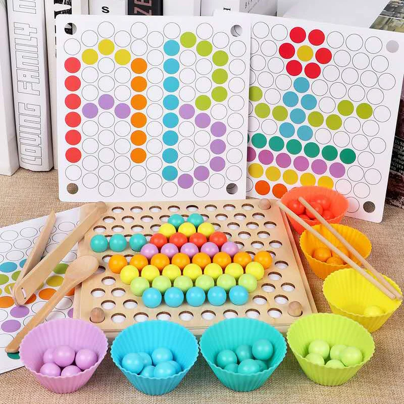 

Kids Early Learning Educational Montessori Color Sorting Wooden Toys Hands Brain Training Clip Beads Math Toy Game For Children