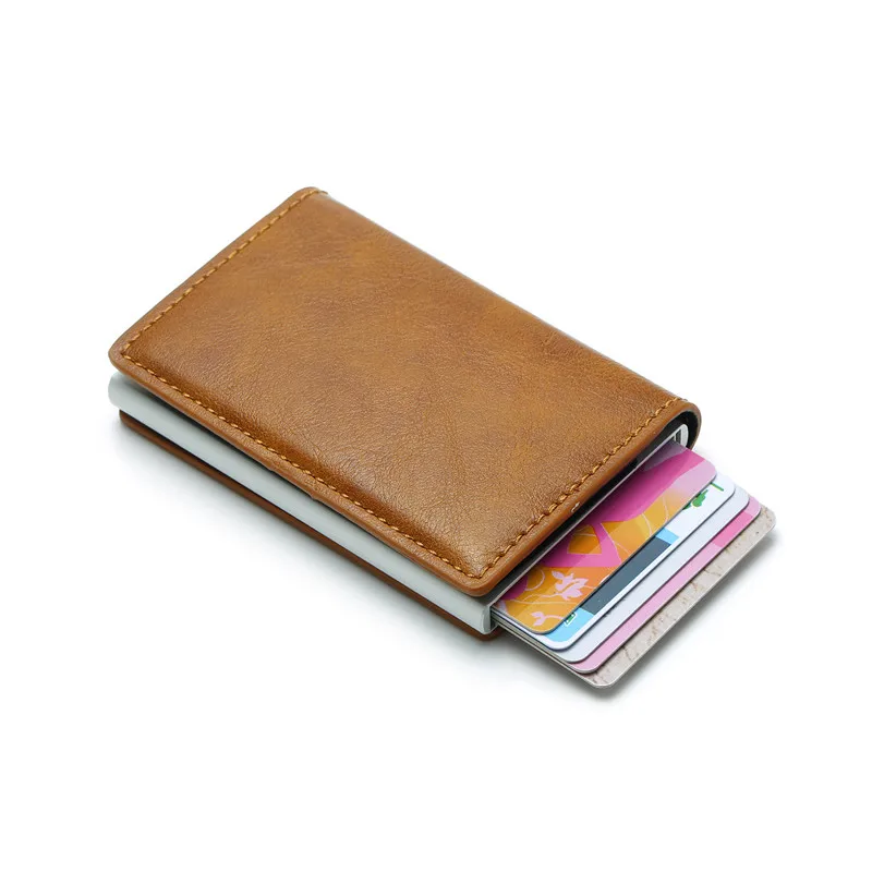 Автоматический Металлический кредитный держатель для карт с блокировкой RFID, винтажный Противоугонный мужской кожаный бумажник, алюминиевый чехол для банковских карт