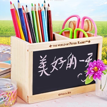 

Wooden Pen Holder Ornaments 2 Grids Storage Box with Mini Blackboard Desktop Crafts Organizer Stationery Box Student Gifts