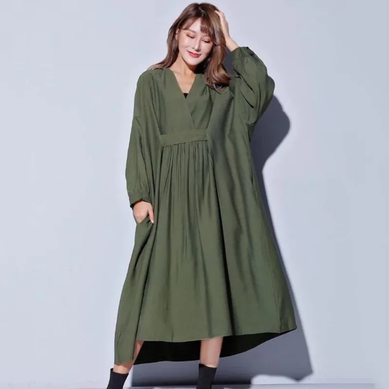 

2019 Autumn Dresses Of The Big Sizes V Neck Long Sleeve Loose Oversize Midi Dress Female Causal Clothes New